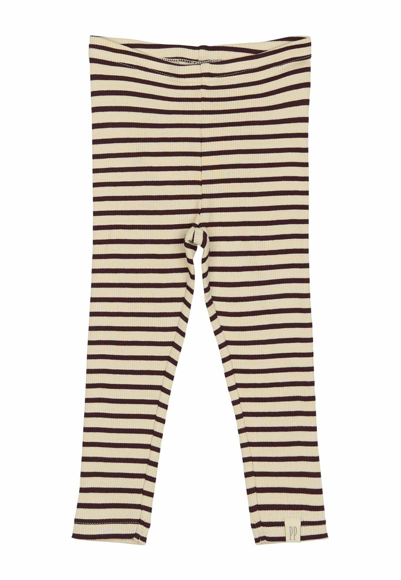 Ribbet leggings i beige med brune vandrette striber. Har en tætsiddende pasform og et logo-tag ved sømmen. Casual og komfortabel stil.