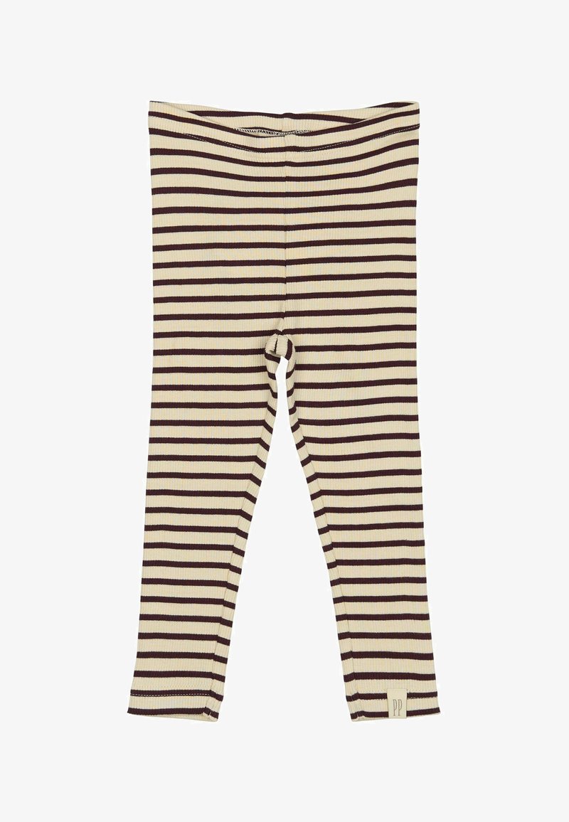 Ribbet leggings i beige med brune vandrette striber. Har en tætsiddende pasform og et logo-tag ved sømmen. Casual og komfortabel stil.