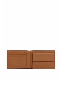 Portefeuille en cuir marron avec plusieurs emplacements pour cartes, un compartiment central et une finition texturée. S'ouvre en une forme rectangulaire plate.