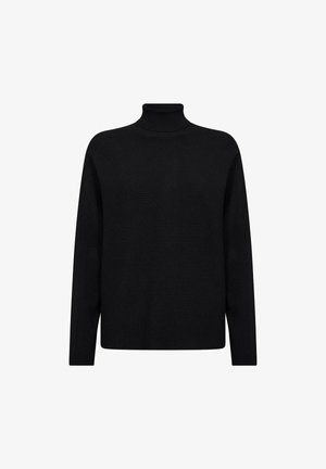 Zwarte coltrui met een geribbelde textuur, lange mouwen en een losse pasvorm. De stof lijkt zacht en warm. Eenvoudig ontwerp zonder versieringen.