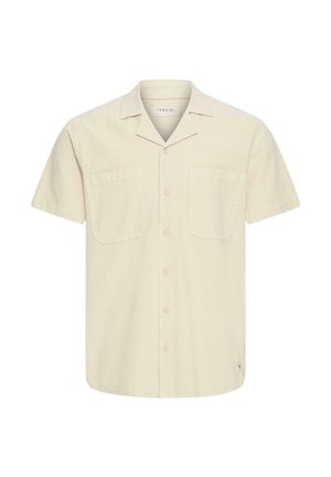 Beige short-sleeve button-up shirt with camp collar and two chest pockets, plain design, label inside collar.