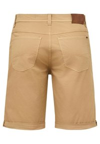 Knee-length beige shorts made of cotton with a smooth texture, two back pockets, and a stitched design on each pocket. Brown accent on the waistband.