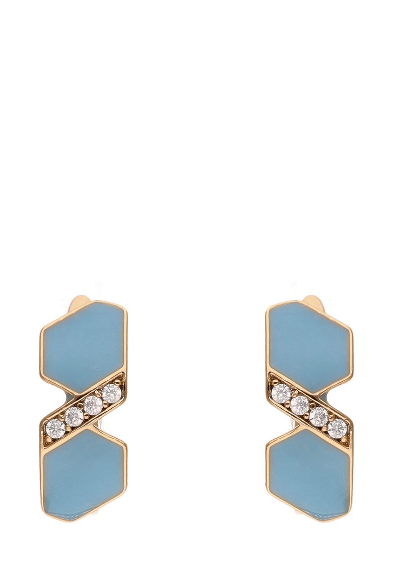 Arany színű geometrikus fülbevalók világoskék zománc díszítéssel és egy sor átlátszó kristállyal a részletek fokozásáért.
