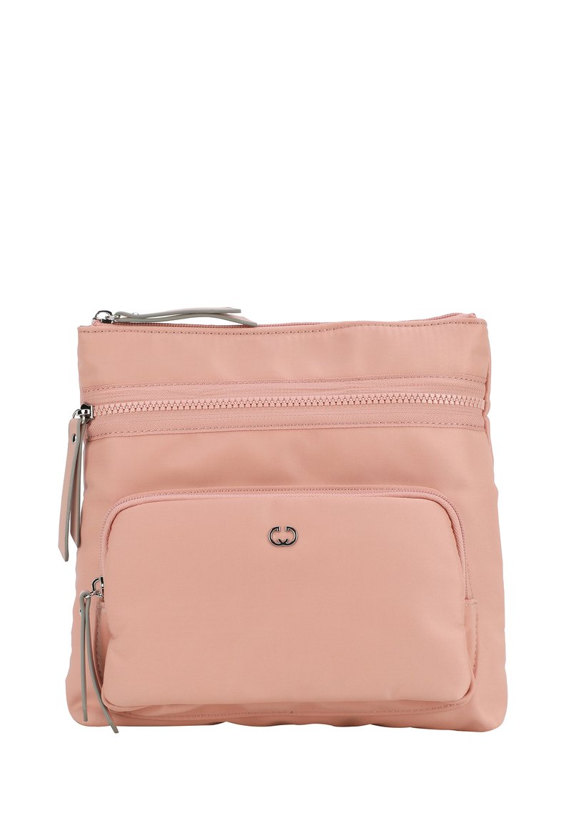 Borsa in nylon rosa con più scomparti con zip, forma rettangolare, texture liscia e dettagli in metallo argentato.