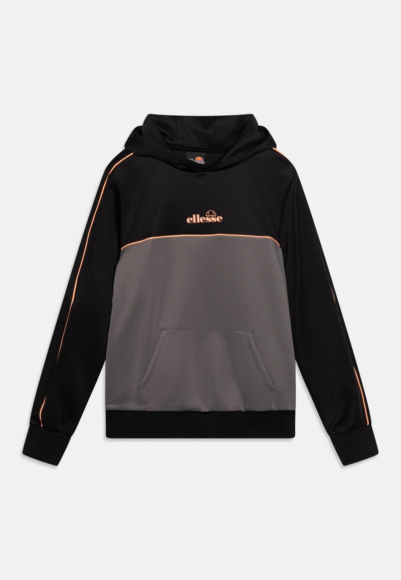 Sweat à capuche avec un haut noir, un corps gris et des accents orange, doté d'une poche frontale et de poignets côtelés pour une coupe ajustée.