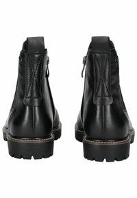 Botas de cuero negro hasta el tobillo con un acabado suave, que presentan cierres de cremallera en los laterales y una suela de goma rugosa con dibujos.