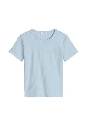 Jasnoniebieski, prążkowany, bawełniany t-shirt z krótkim rękawem, okrągłym dekoltem i metką marki wewnątrz kołnierza.