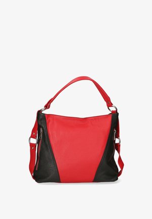 Rode en zwarte leren handtas met een gestructureerde afwerking. Voorzien van een centrale ritsvak en schouderband met accenten van zilverkleurig beslag.