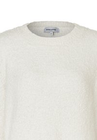 Weißer Strickpullover mit runder Ausschnitt, aus weichem, strukturiertem Stoff. Mit Markenetikett "MORE & MORE" im Ausschnitt.