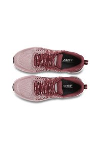 Athletic shoes in pink and burgundy mesh with a textured upper, featuring flat laces and a padded collar for comfort.