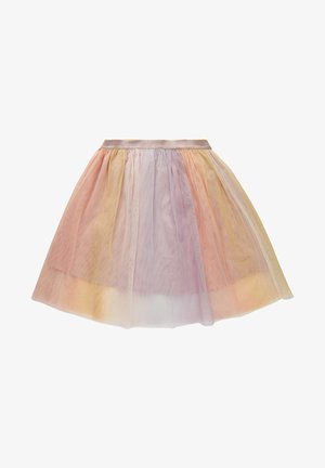 Jupe en tulle avec un doux dégradé de couleurs passant du rose pastel au lavande puis au jaune pâle, taille élastique et design superposé.