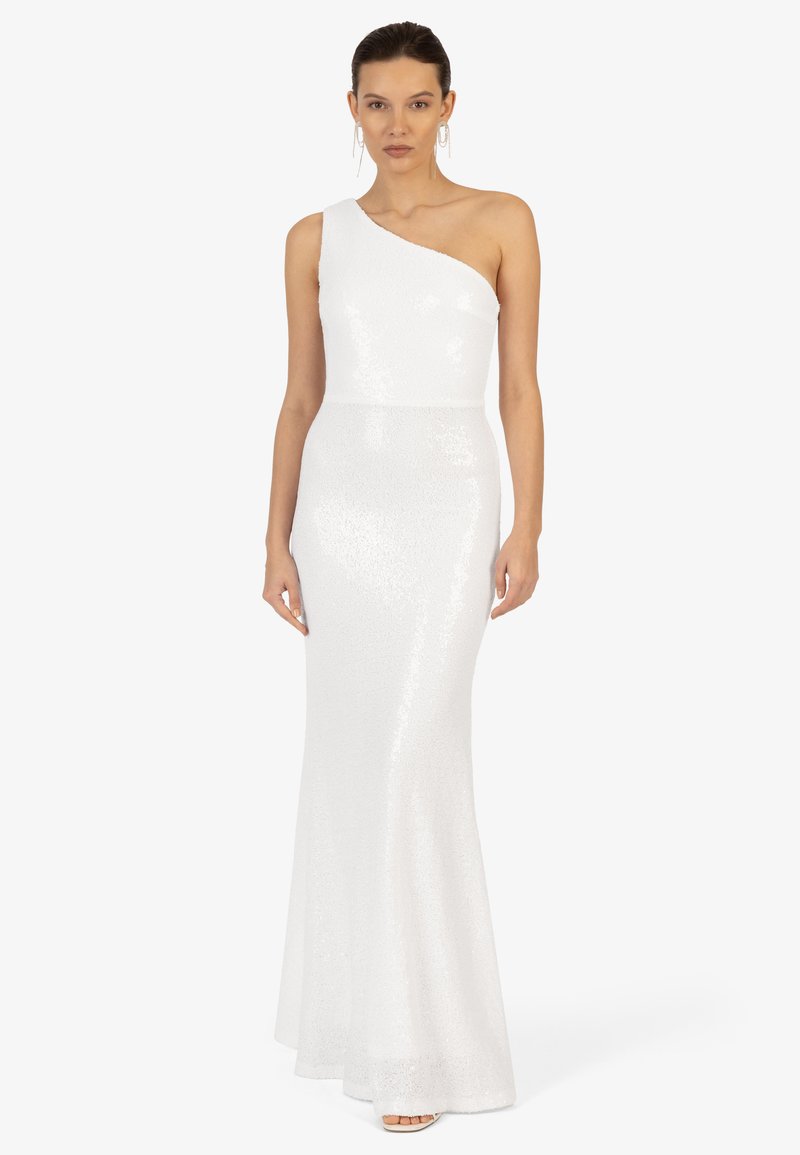 Weißes Abendkleid mit Pailletten, ein Schulterdesign, figurbetont und mit ausgestelltem Saum. Glatte Textur mit dezentem Glanz.