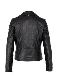 Zwarte leren jas met een slim-fit silhouet, hoge kraag en gedetailleerde stiksels. Heeft een soepele textuur en een subtiele metallic accent.