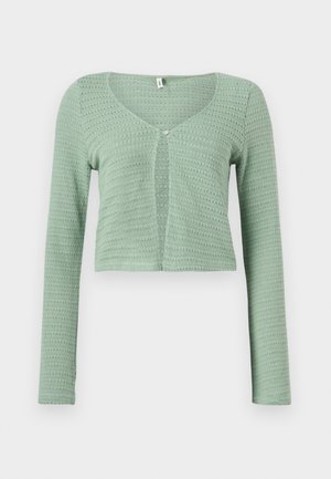 Cardigan corto all'uncinetto verde chiaro a maniche lunghe con chiusura a un bottone sul petto e scollatura ampia.