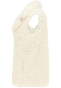 Biały kamizelka z futra sztucznego o teksturowanej powierzchni, z otwartymi bokami i okrągłym wycięciem na jednym ramieniu dla stylu i przewiewności.