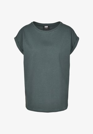 Dunkelgrünes T-Shirt mit kurzen Ärmeln aus weichem Material, runder Ausschnitt und umgeschlagenen Ärmeln. Gerader Schnitt mit seitlichen Schlitzen für eine bessere Bewegungsfreiheit.