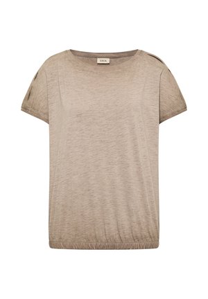 T-shirt beige en coton à manches courtes avec encolure ronde et ourlet élastique, étiquette "CECIL" à l'intérieur du col.