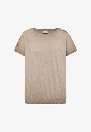 T-shirt beige en coton à manches courtes avec encolure ronde et ourlet élastique, étiquette "CECIL" à l'intérieur du col.