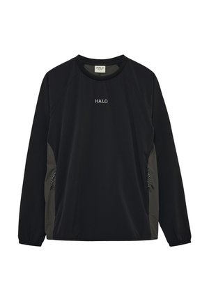 Sort langærmet T-shirt med rund hals, "HALO"-logo på brystet og lynlåslommer i siden med snordetaljer.