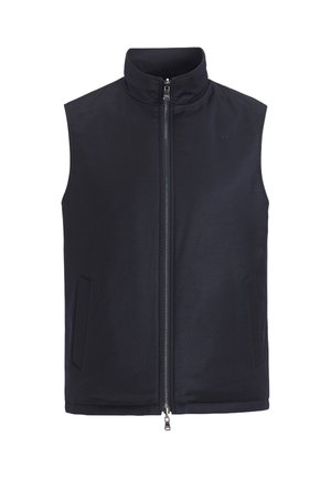 Schwarze ärmellose Weste mit hohem Kragen, Frontreißverschluss und zwei seitlichen Taschen. Glattes Material mit einem schlichten Design.