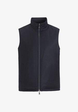 Musta hihaton liivi, jossa on korkea kaulus, etuvetoketju ja kaksi sivutaskua. Sileä kangas yksinkertaisella designilla.