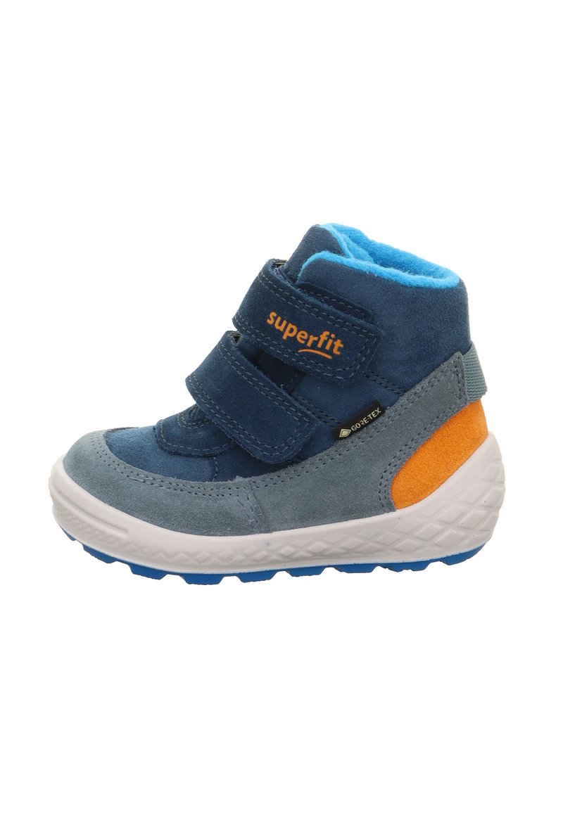 Modré a šedé dětské boty na suchý zip, svršek z veluru a textilu, polstrovaný lem a bílá gumová podrážka s modrými detaily.
