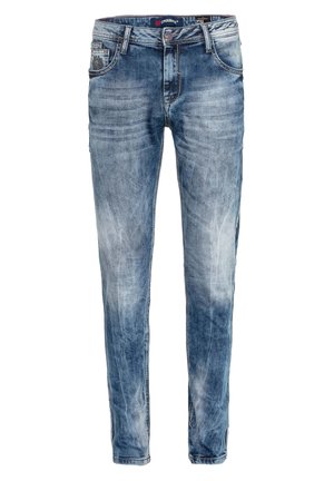 Lichtblauwe spijkerbroek van denim met een vervaagde wassingen, slim fit, vijf zakken en contrasterende stiksels. Voorzien van een knoopsluiting en riemlussen.