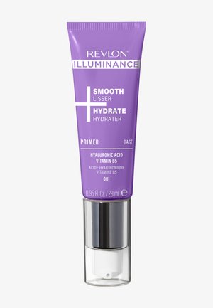 Revlon Illuminance Smooth + Hydrate primer met hyaluronzuur en vitamine B5 in een paarse tube van 28 mL met een doorzichtige pompdispenser.