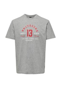 Graues Baumwoll-T-Shirt mit Rundhalsausschnitt. Mit rotem Drucktext, darunter "ONLY&SONS", "13" und "COLLEGE LEAGUE 2013 DÄNEMARK."