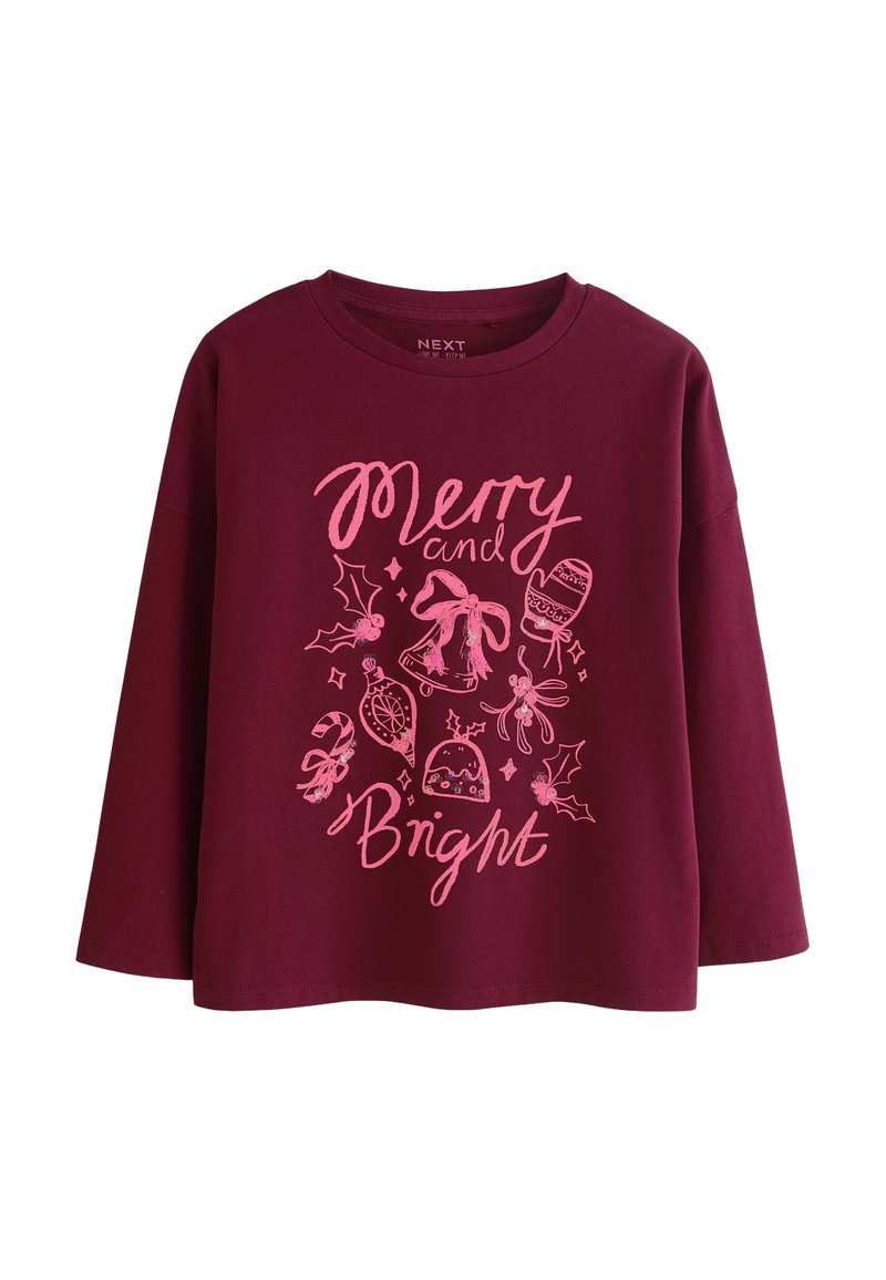 Bordeaux långärmad t-shirt med en rosa grafisk design som har texten "Merry and Bright" och olika illustrationsmotiv med jultema.