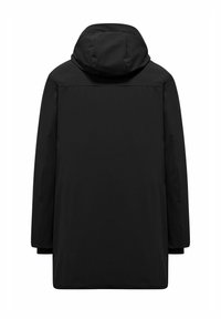 Parka nera impermeabile con cappuccio, caratterizzata da una linea dritta, maniche lunghe e una texture liscia; design minimalista, senza hardware visibile.