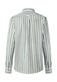 Camisa a rayas verde y blanca con cuello abotonado, mangas largas y puños con doble botón, que presenta una abertura en la parte posterior.