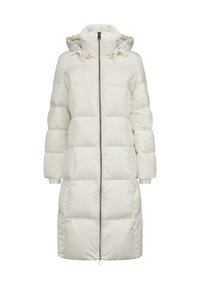 Weiße Daunenjacke mit Kapuze, ausgestattet mit einem durchgehenden Reißverschluss, gerippten Bündchen und einem gesteppten Design für Isolierung und Wärme.