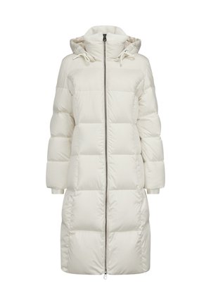 Weiße Daunenjacke mit Kapuze, ausgestattet mit einem durchgehenden Reißverschluss, gerippten Bündchen und einem gesteppten Design für Isolierung und Wärme.