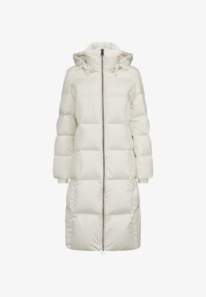 Weiße Daunenjacke mit Kapuze, ausgestattet mit einem durchgehenden Reißverschluss, gerippten Bündchen und einem gesteppten Design für Isolierung und Wärme.