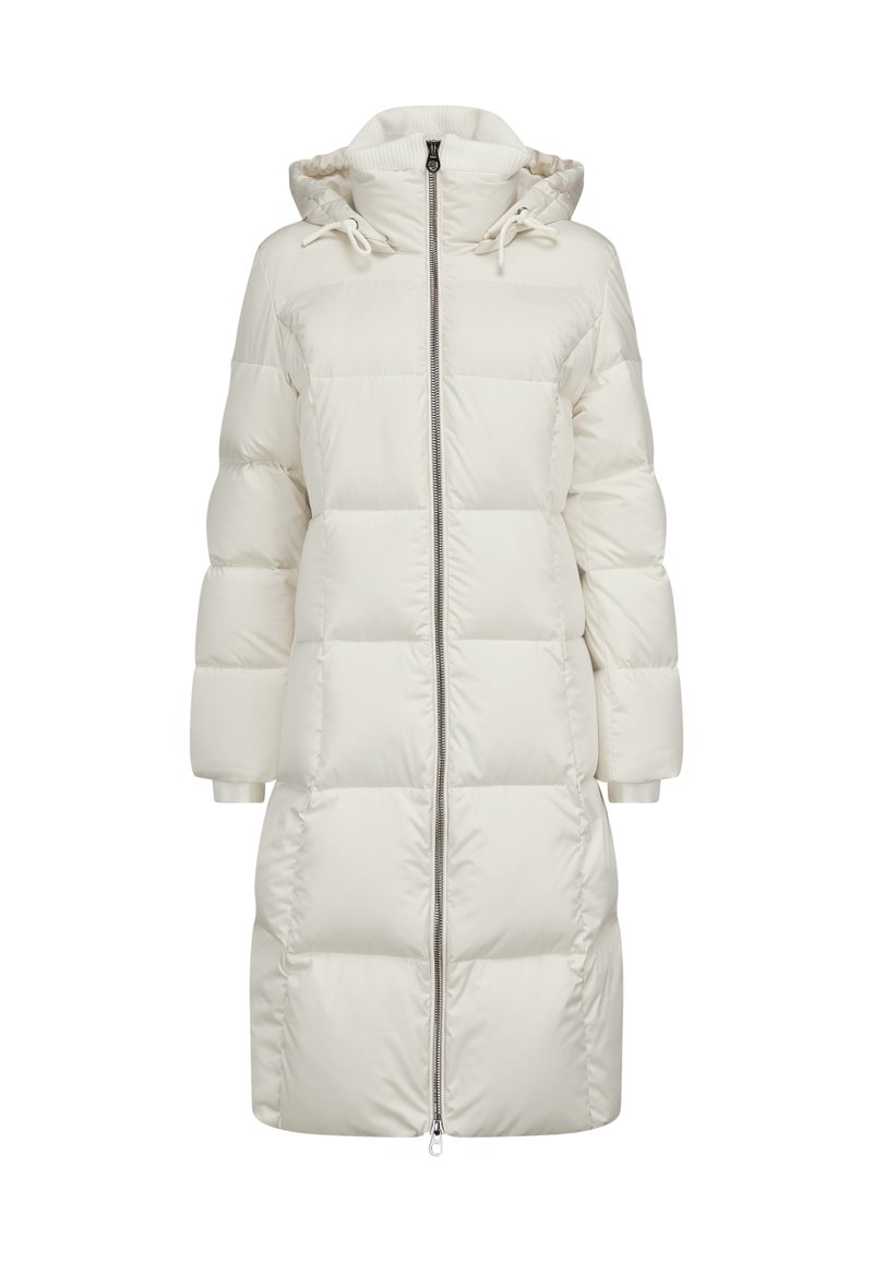 Weiße Daunenjacke mit Kapuze, ausgestattet mit einem durchgehenden Reißverschluss, gerippten Bündchen und einem gesteppten Design für Isolierung und Wärme.