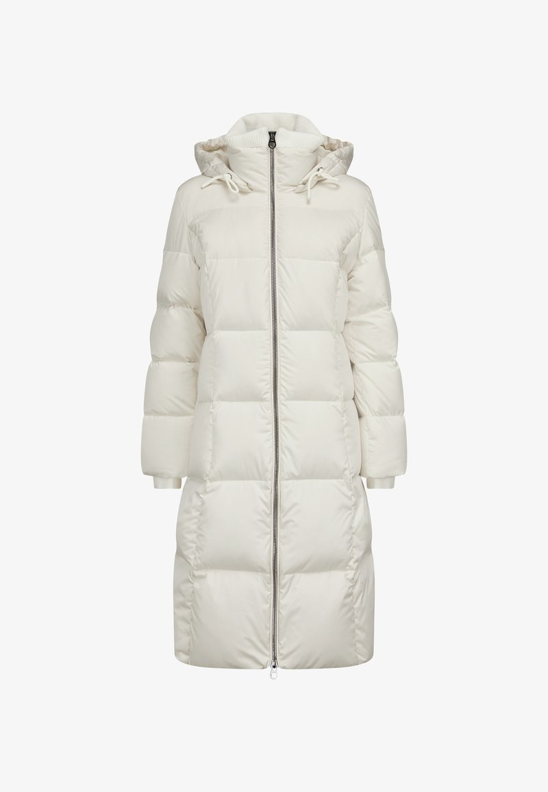 Weiße Daunenjacke mit Kapuze, ausgestattet mit einem durchgehenden Reißverschluss, gerippten Bündchen und einem gesteppten Design für Isolierung und Wärme.