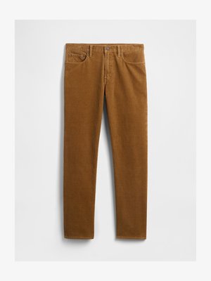 Brune kordfløyelsbukser med rett ben, med fem lommer og metallknapp i livet. Strukturert stoff.