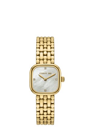 Reloj de pulsera cuadrado en tono dorado con brazalete enlazado, esfera de nácar, cuatro marcadores de diamante y dos agujas marcando las 10:10.