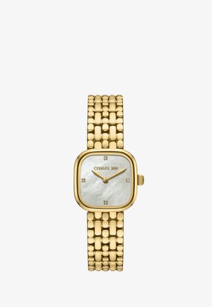 Montre-bracelet carrée dorée avec bracelet maillé, cadran en nacre, quatre repères en diamant et deux aiguilles indiquant 10h10.