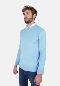 Maglione azzurro chiaro in maglia con scollo tondo, polsini e orlo a coste; indossato sopra una camicia bianca con collo, abbinato a jeans scuri.