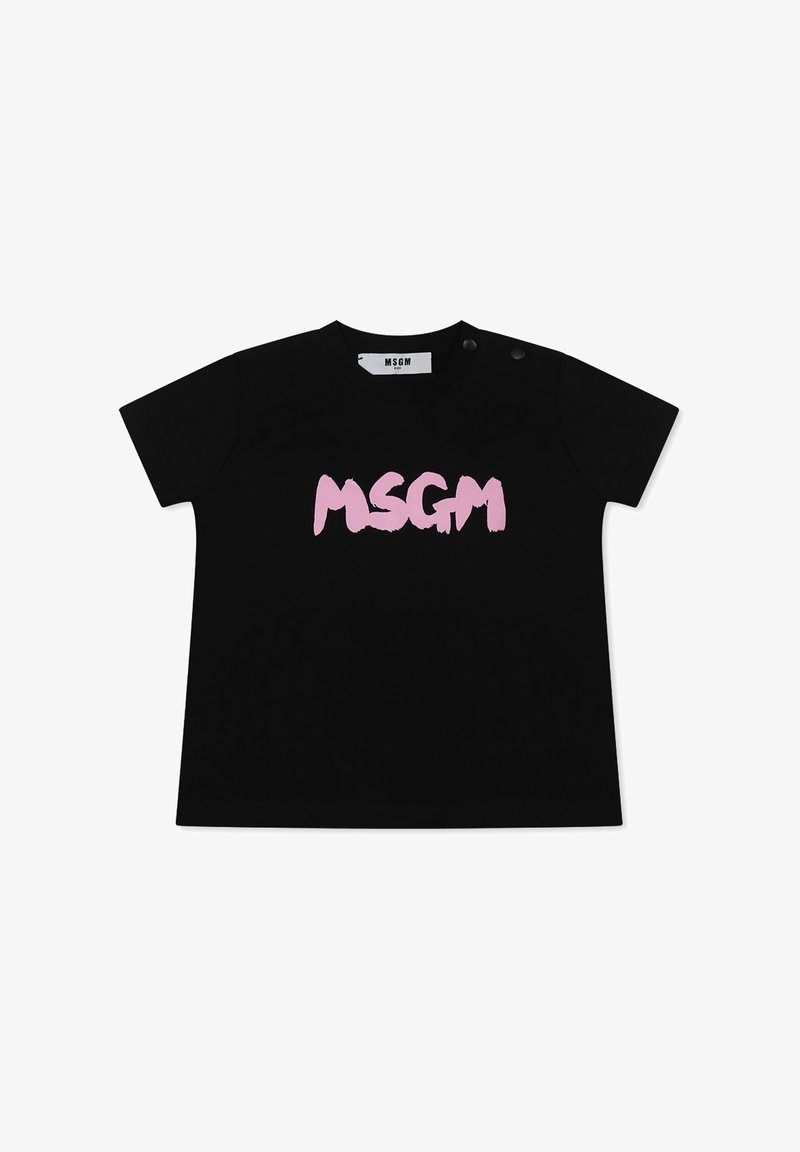 T-shirt in cotone nero con logo "MSGM" dipinto in rosa, maniche corte e due bottoni a pressione neri sulla spalla.