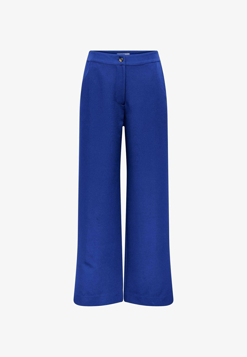 Pantalon large pour femme en bleu vif uni avec fermeture par bouton et fermeture éclair à l'avant, conçu pour une coupe décontractée.