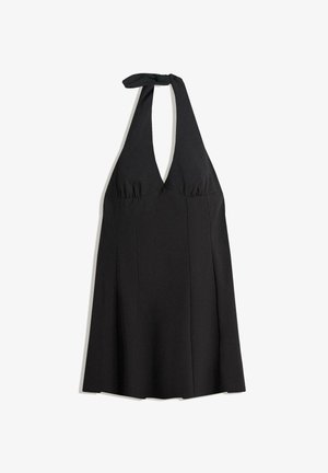 Black halter dress made of smooth fabric, featuring a deep V-neckline and gathered bust detail. A-line silhouette with flowing hemline.