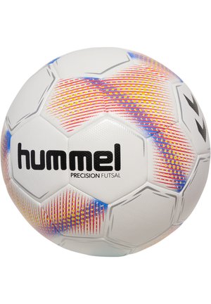 Hummel Precision Futsal bold i hvid med livlige røde, gule og blå mønstre. Har en struktureret overflade og sekskantede paneler.