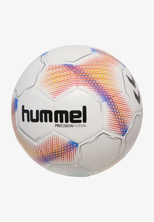 Piłka futsalowa Hummel Precision w białym kolorze z intensywnymi czerwonymi, żółtymi i niebieskimi wzorami. Posiada teksturowaną powierzchnię oraz heksagonalne panele.