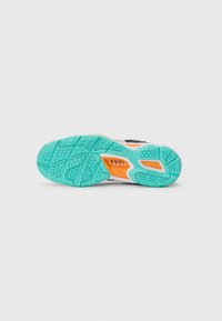 Shoe sole in aqua, orange, and white rubber; features textured grip patterns and ventilation holes; non-marking design for various surfaces.