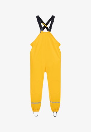 Geltoni vandeniui atsparūs kombinezonai su reguliuojamais juodais diržais, atspindinčiais akcentais ir sustiprintomis kelių detalėmis. Sukurti ilgaamžiškumui ir judrumui.