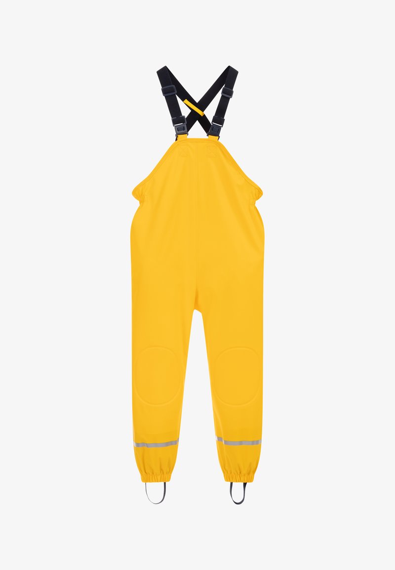 Kollane veekindel üleüldine koos reguleeritavate mustade rihmade, peegeldavate detailide ja tugevdatud põlvekaitsetega. Kujundatud vastupidavuseks ja liikuvuseks.