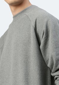 Felpa grigia a girocollo con tessuto texturizzato, dotata di maniche raglan e un colletto a coste discreto. Senza loghi o motivi visibili.